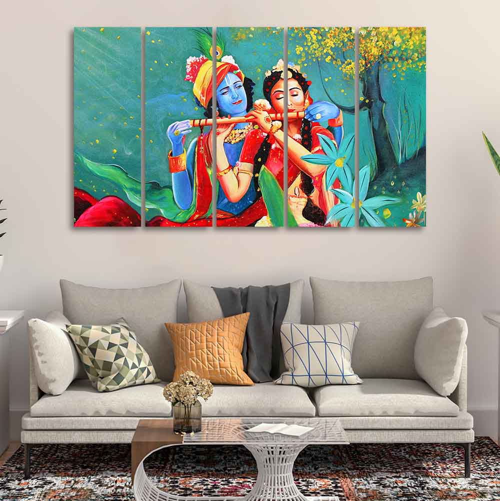 Abstract Art Radha Krishna Wall Painting of Five Pieces