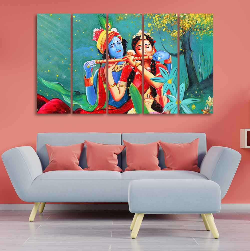 Abstract Art Radha Krishna Wall Painting of Five Pieces