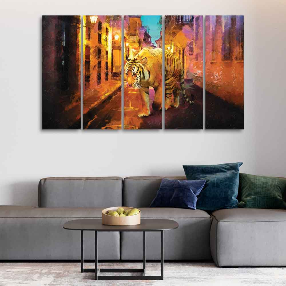 Abstract Art Tiger Walking on Street Five Pieces Canvas Wall Painting