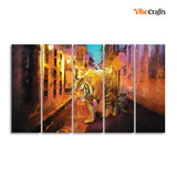 Abstract Art Tiger Walking on Street Five Pieces Canvas Wall Painting