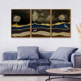 Abstract Midnight Golden Scenery with Deer Floating Canvas Wall Painting Set of Three