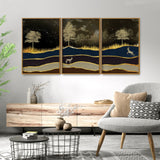  Midnight Golden Scenery with Deer Floating Canvas Wall Painting Set of Three