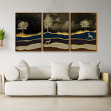 Golden Scenery with Deer Floating Canvas Wall Painting Set of Three