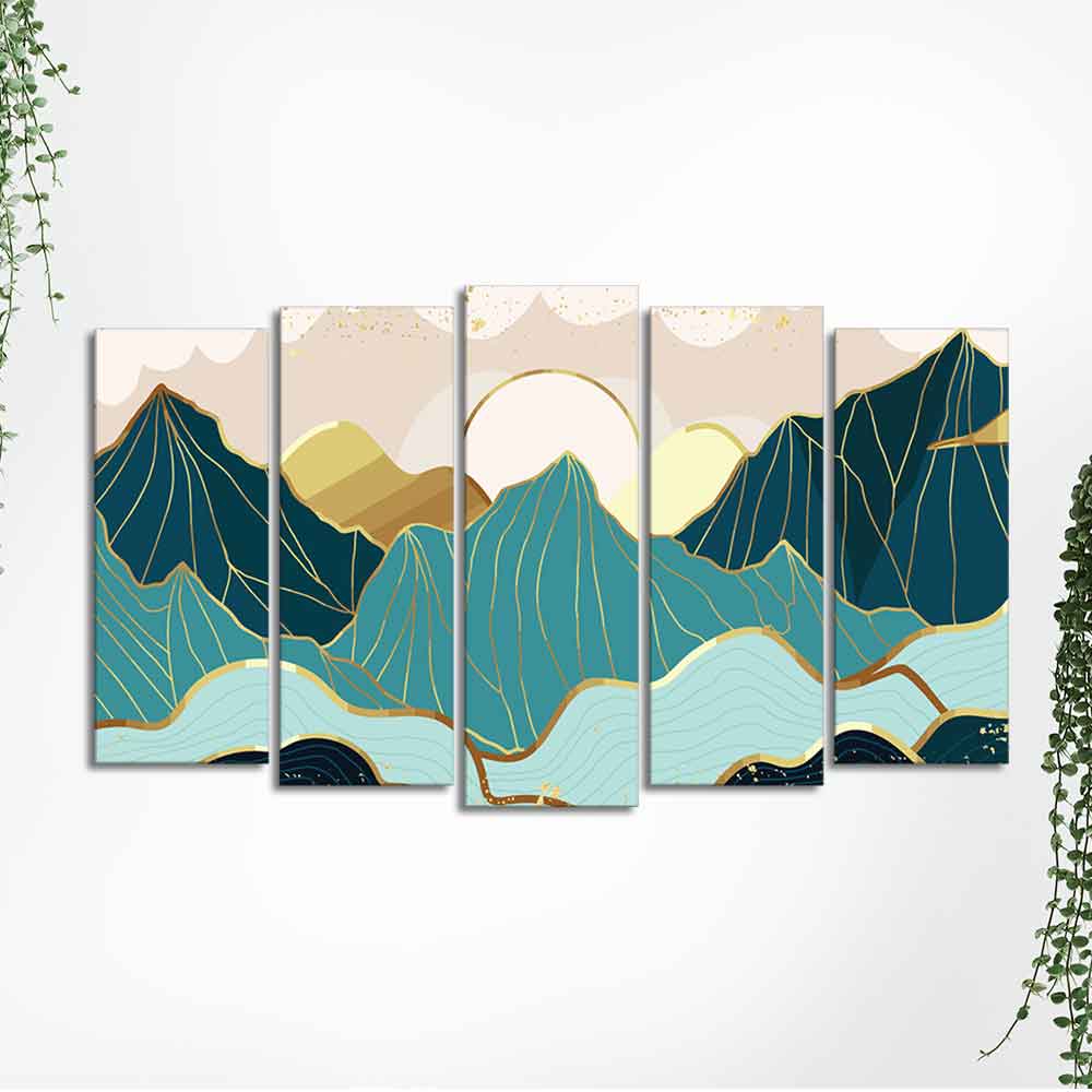 Abstract Mountains with Sunrise Background 5 Pieces Canvas Wall Painting