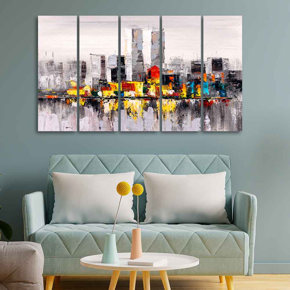 Abstract Wall Painting of A New York City Skyline Five Pieces