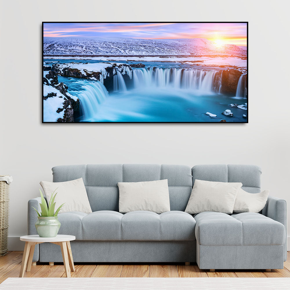 Amazing Godafoss Waterfall in Winter Premium Canvas Wall Painting