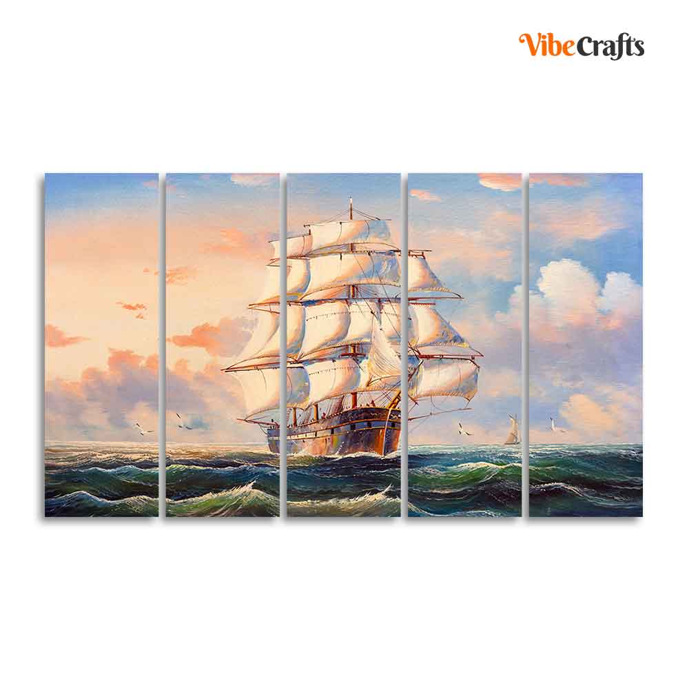 Amazing Sailing Ship Wall Painting of Five Pieces