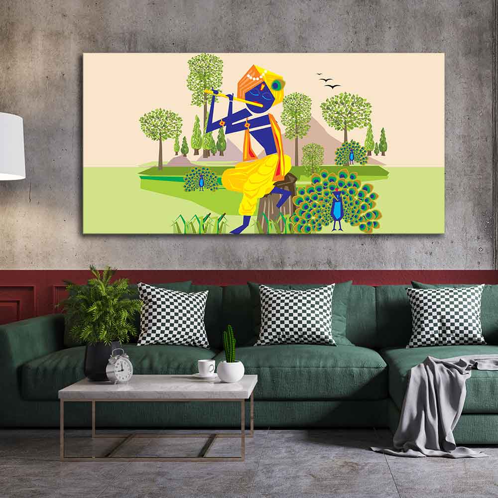 Animated Little Krishna With Flute Canvas Wall Painting