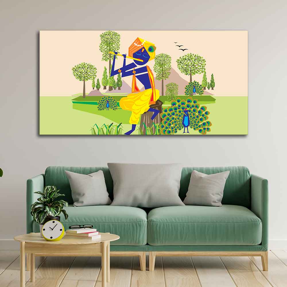 Animated Little Krishna With Flute Canvas Wall Painting
