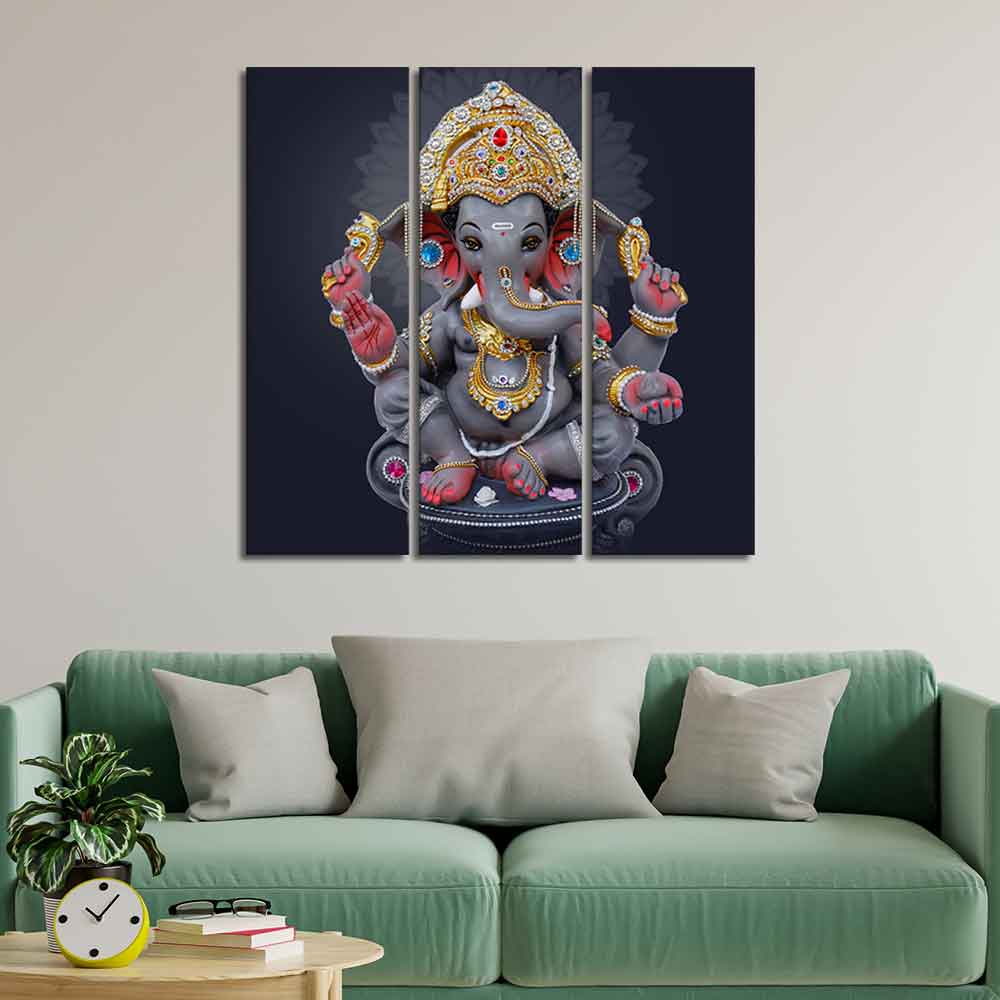 Bal Ganesha Sculpture Canvas Wall Painting Set of Three