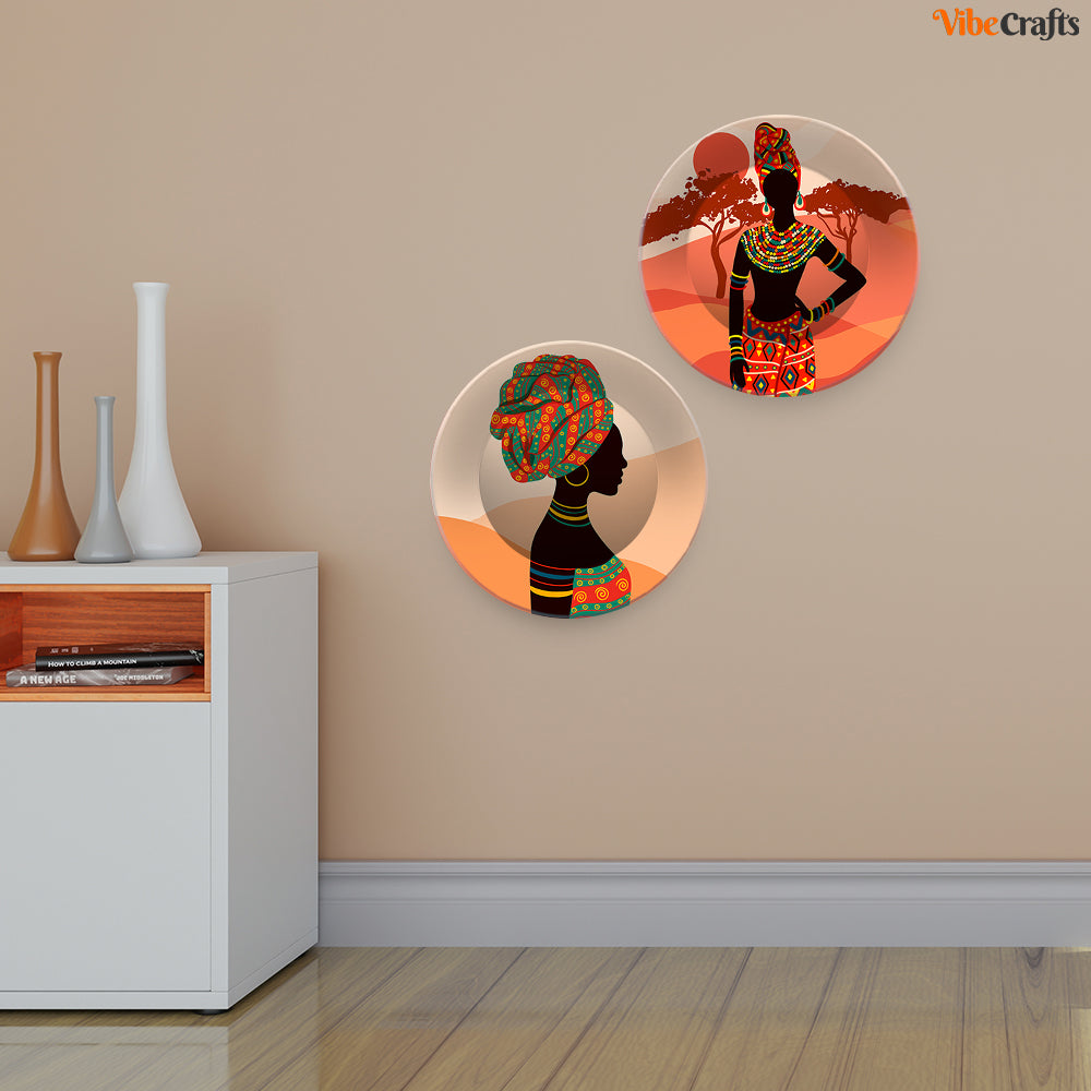 Beautiful Art of African Women Wall Hanging Plates of Two Pieces