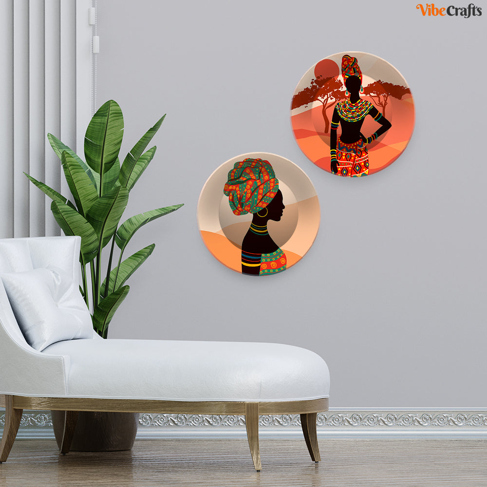 Beautiful Art of African Women Wall Hanging Plates of Two Pieces