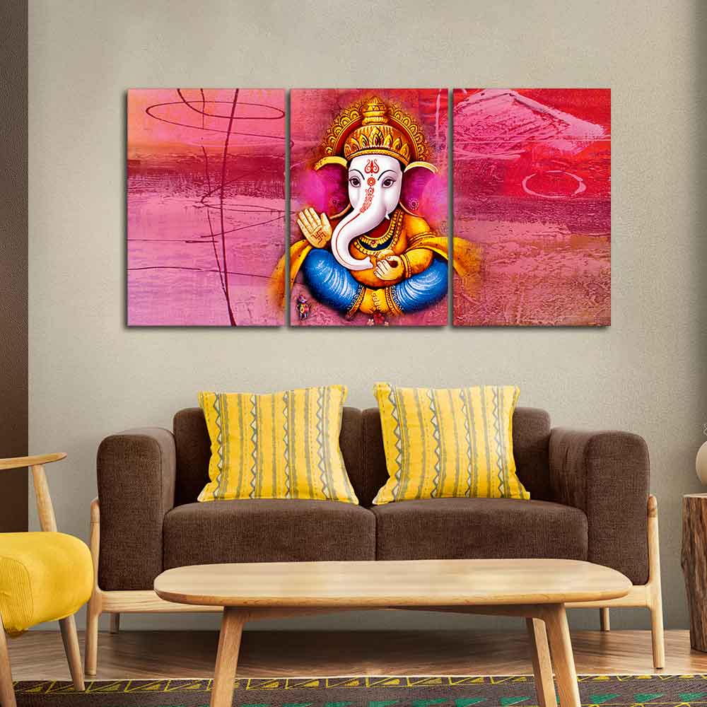 Beautiful Bal Ganesha 3 Pieces Canvas Wall Painting