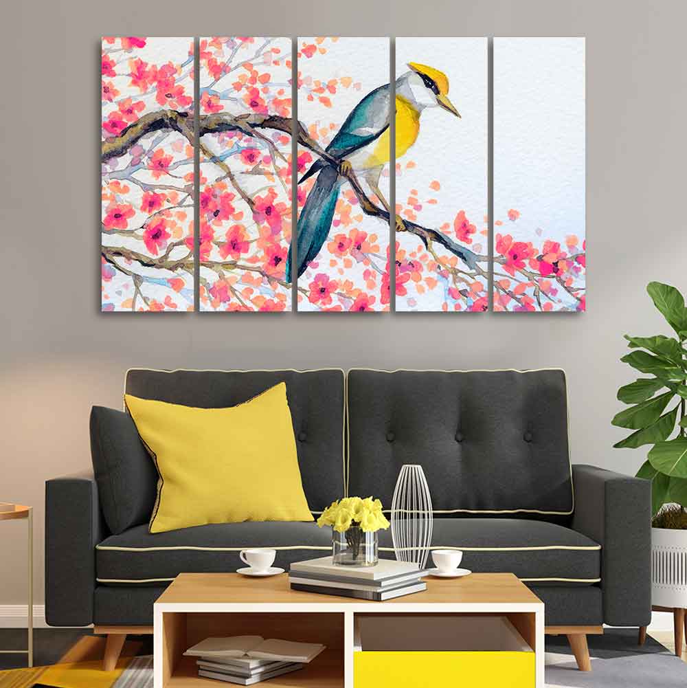 Beautiful Bird on Tree Branch Wall Painting of Five pieces