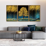 Golden Tree Floating Canvas Wall Painting Set of Three