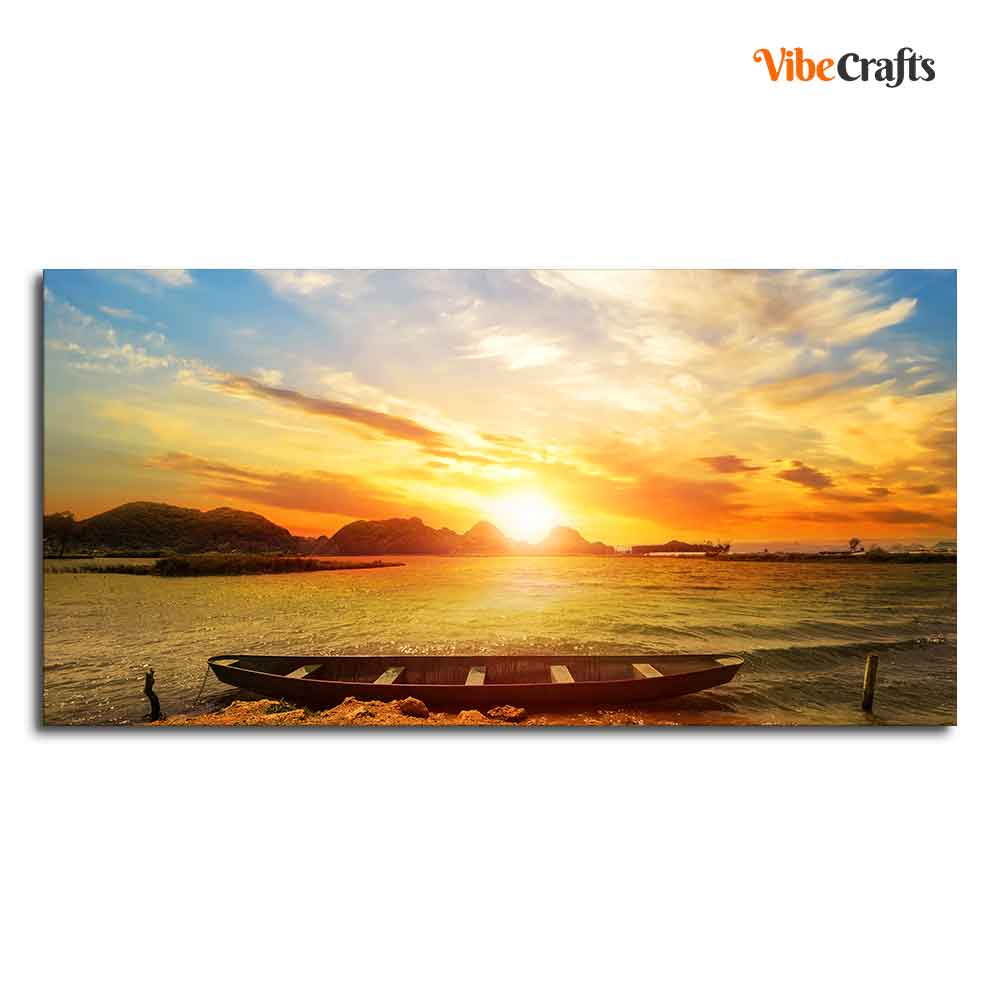 Beautiful Canvas Wall Painting of Boat on Beach & Sunset