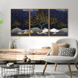 Beautiful Dark Blue Snowy Background Floating Canvas Wall Painting Set of Three