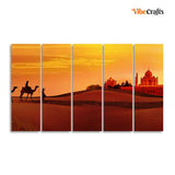 Beautiful Five Pieces Wall Painting of Camel Caravan Heading to Taj Mahal