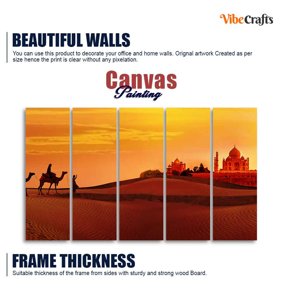 Beautiful Five Pieces Wall Painting of Camel Caravan Heading to Taj Mahal