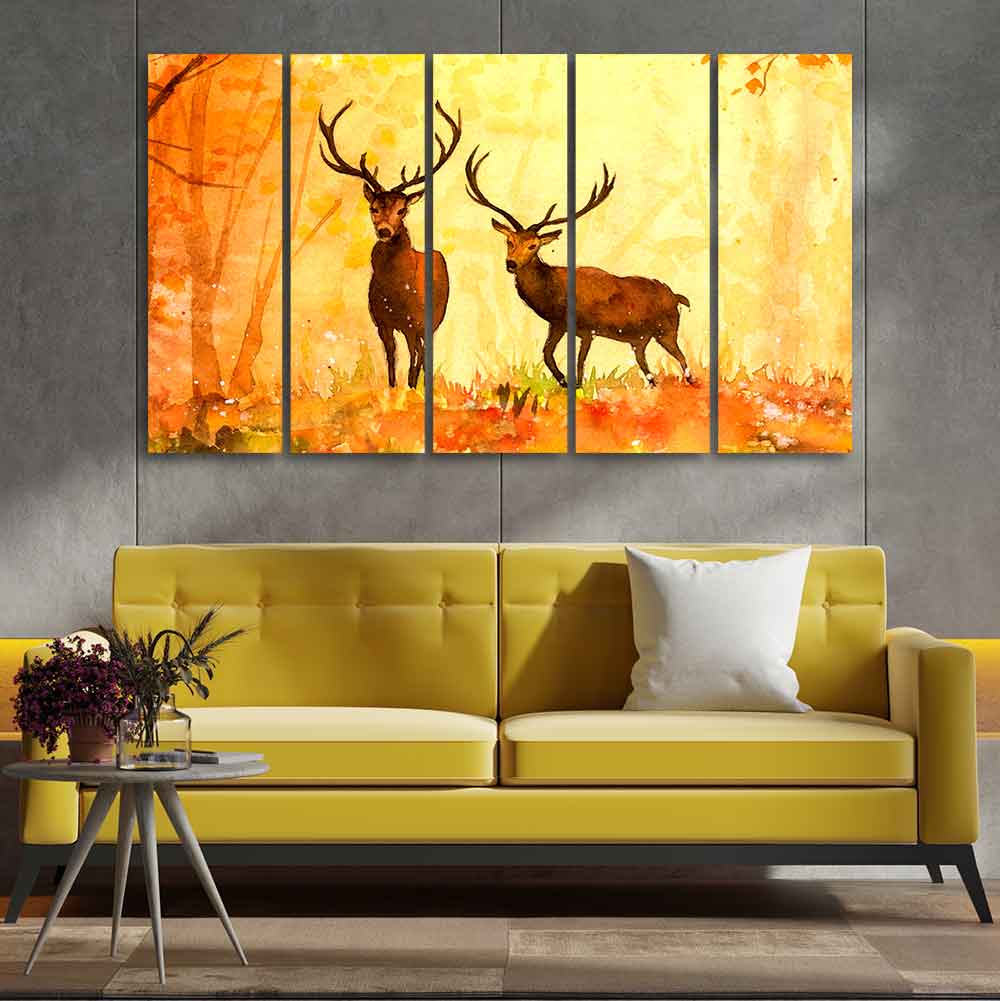 Beautiful Forest Deer Canvas Wall Painting of Five Pieces