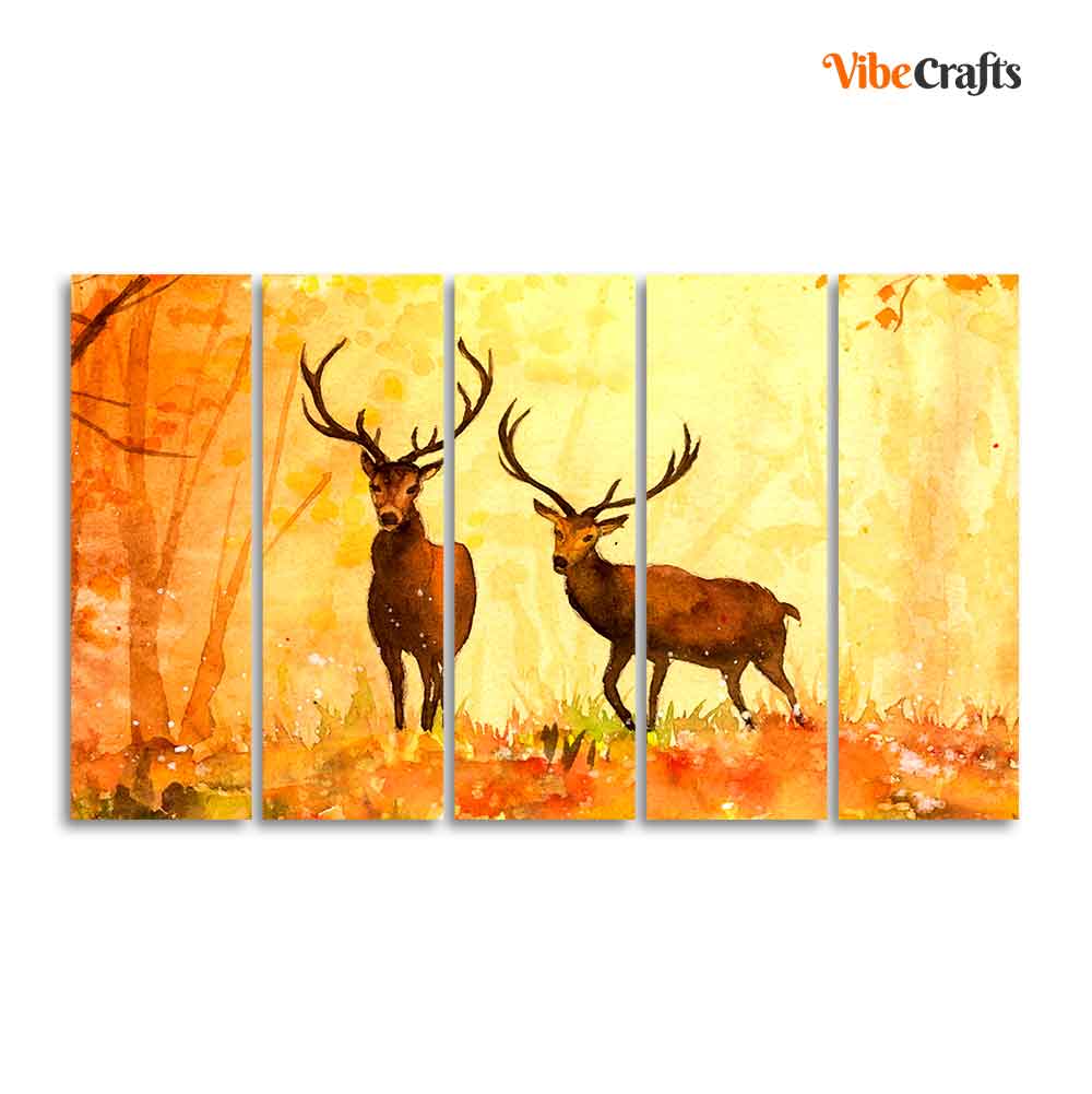Beautiful Forest Deer Canvas Wall Painting of Five Pieces