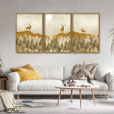Beautiful Golden Deers Premium Floating Canvas Wall Painting Set of Three
