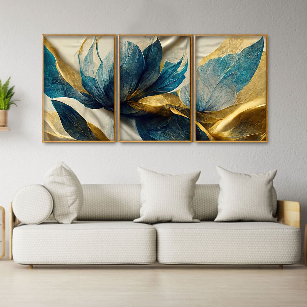 Beautiful Golden Flower and Waves Floating Canvas Wall Painting Set of Three