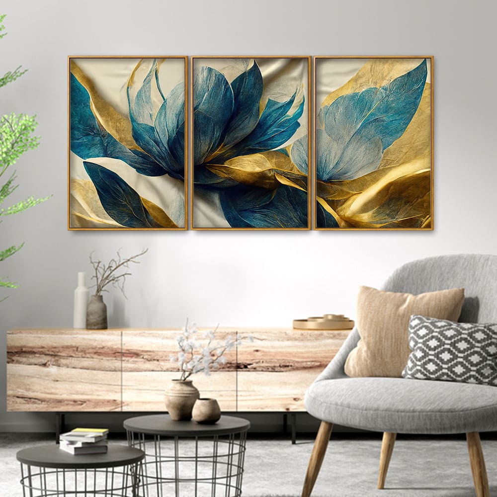 Beautiful Golden Flower and Waves Floating Canvas Wall Painting Set of Three