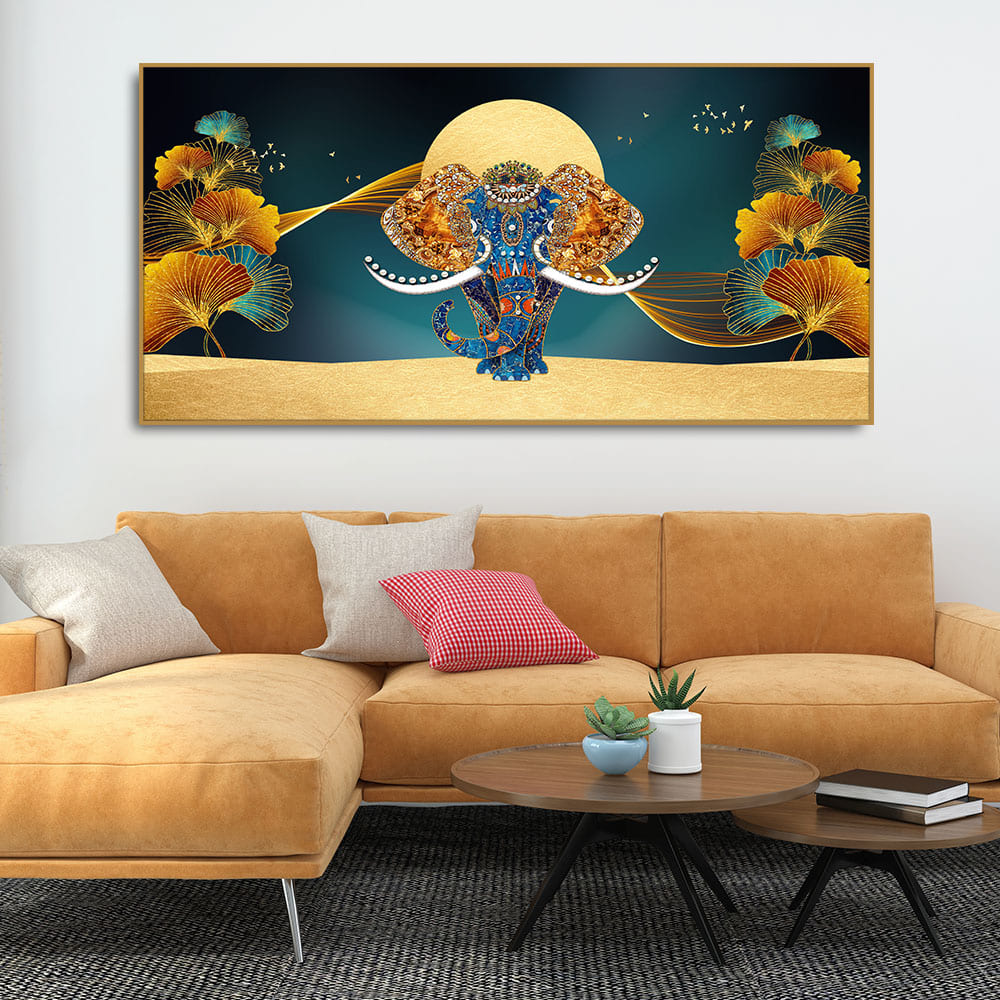 Beautiful Golden Flowers with Elephant Premium Canvas Wall Painting