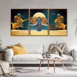 Beautiful Golden Flowers with Elephant Premium Floating Canvas Wall Painting Set of Three