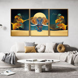 Golden Flowers with Elephant Premium Floating Canvas Wall Painting Set of Three