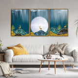 Beautiful Golden Mountains and Deer with Moon Floating Canvas Wall Painting Set of Three
