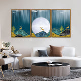 Golden Mountains and Deer with Moon Floating Canvas Wall Painting Set of Three