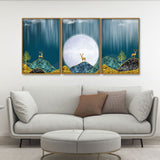 Mountains and Deer with Moon Floating Canvas Wall Painting Set of Three