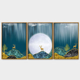  Deer with Moon Floating Canvas Wall Painting Set of Three