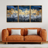Beautiful Golden Tree Abstract Design Premium Floating Canvas Wall Painting Set of Three