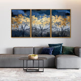 Golden Tree Abstract Design Premium Floating Canvas Wall Painting Set of Three