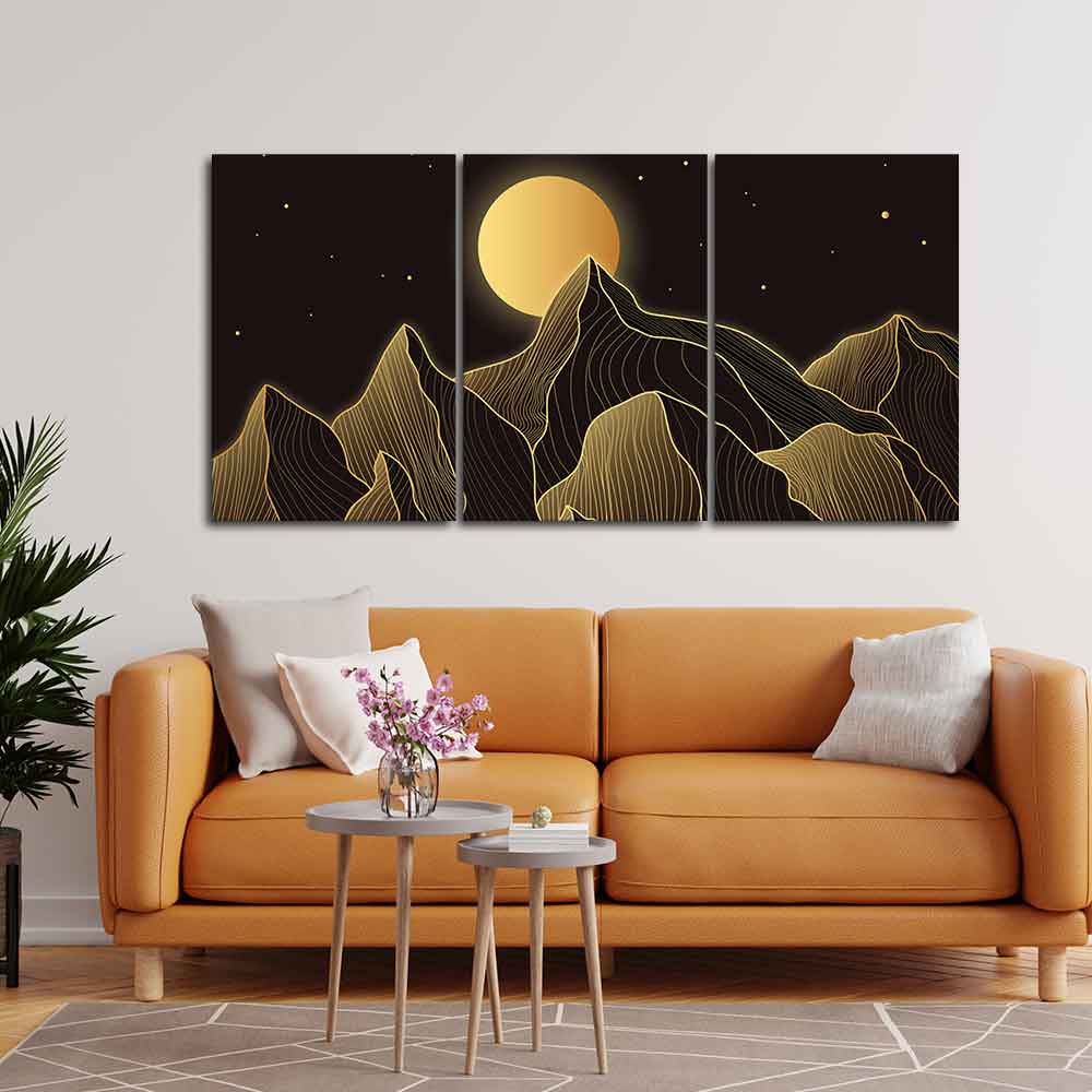 Beautiful Moon and Golden Mountains Wall Painting of 3 Pieces