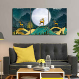 Beautiful Night Landscape Golden Deer Wall Painting of Three Pieces