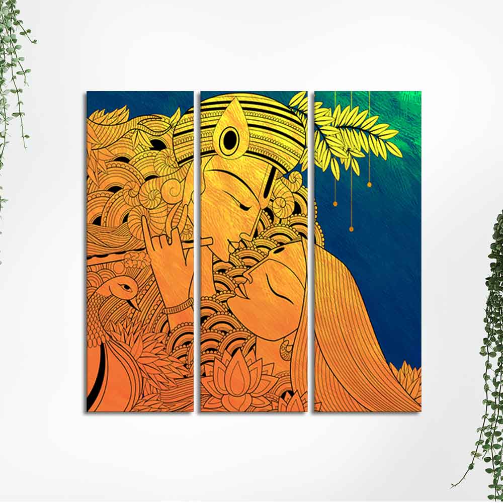 Beautiful Radha Krishna Wall Painting Modern Art 3 Panels