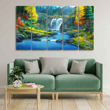 Beautiful Scenery of Waterfall in Forest Canvas Wall Painting Set of Five