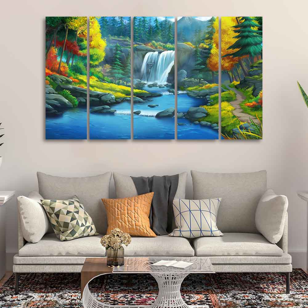 Beautiful Scenery of Waterfall in Forest Canvas Wall Painting Set of Five