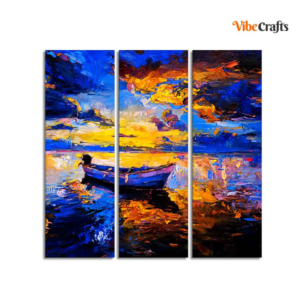 Beautiful Sunset & Boat Canvas Wall Painting of 3 Pieces