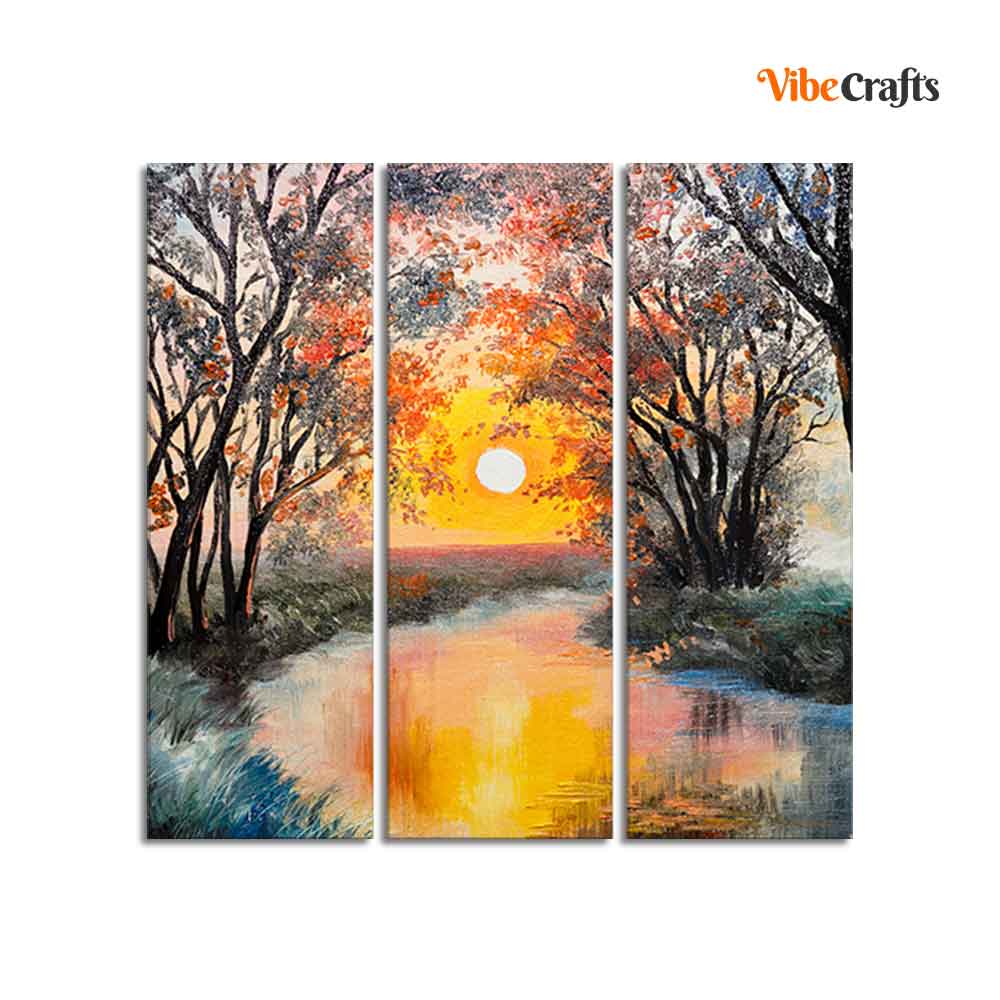 Beautiful Sunset at River Wall Painting Set of 3 Pieces