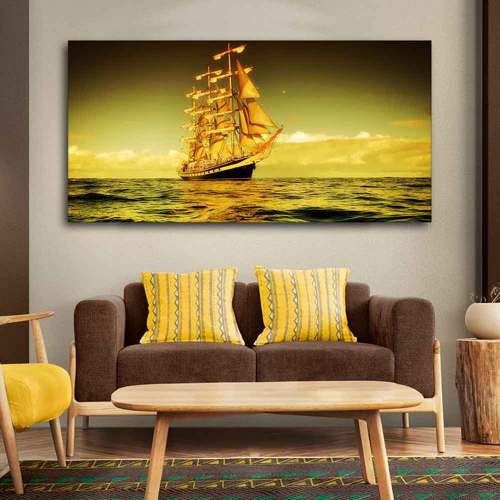 Beautiful Sunset Sailing Ship Wall Painting
