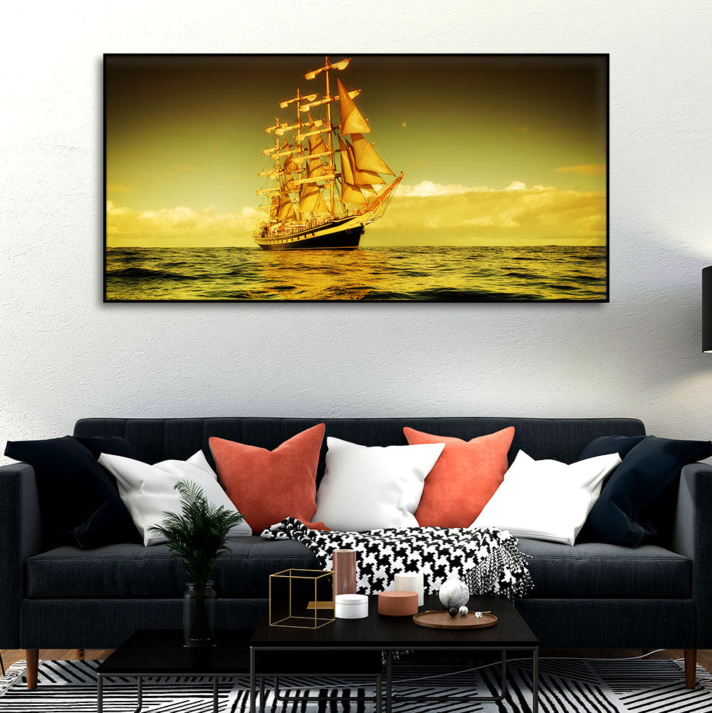 Beautiful Sunset Sailing Ship Wall Painting