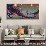 Beautiful Wall Painting of Man Walking on Tree with many Lanterns Background