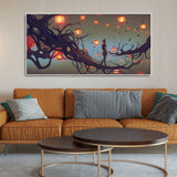 Wall Painting of Man Walking on Tree with many Lanterns Background