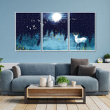 Beautiful White Deer in Full Moon Night Floating Canvas Wall Painting Set of Three