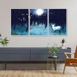 Deer in Full Moon Night Floating Canvas Wall Painting Set of Three